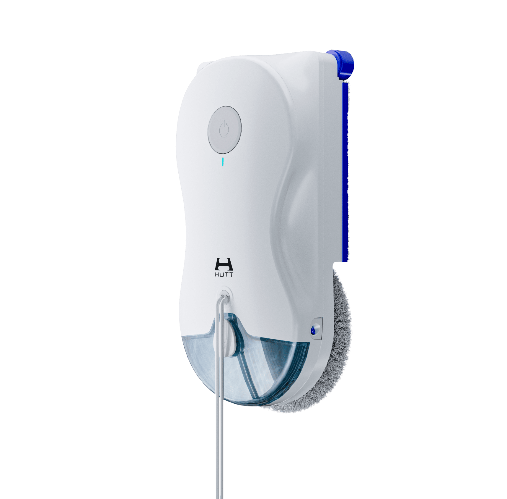 Un robot lavavetri bianco con accenti blu e un pad di pulizia rotondo.