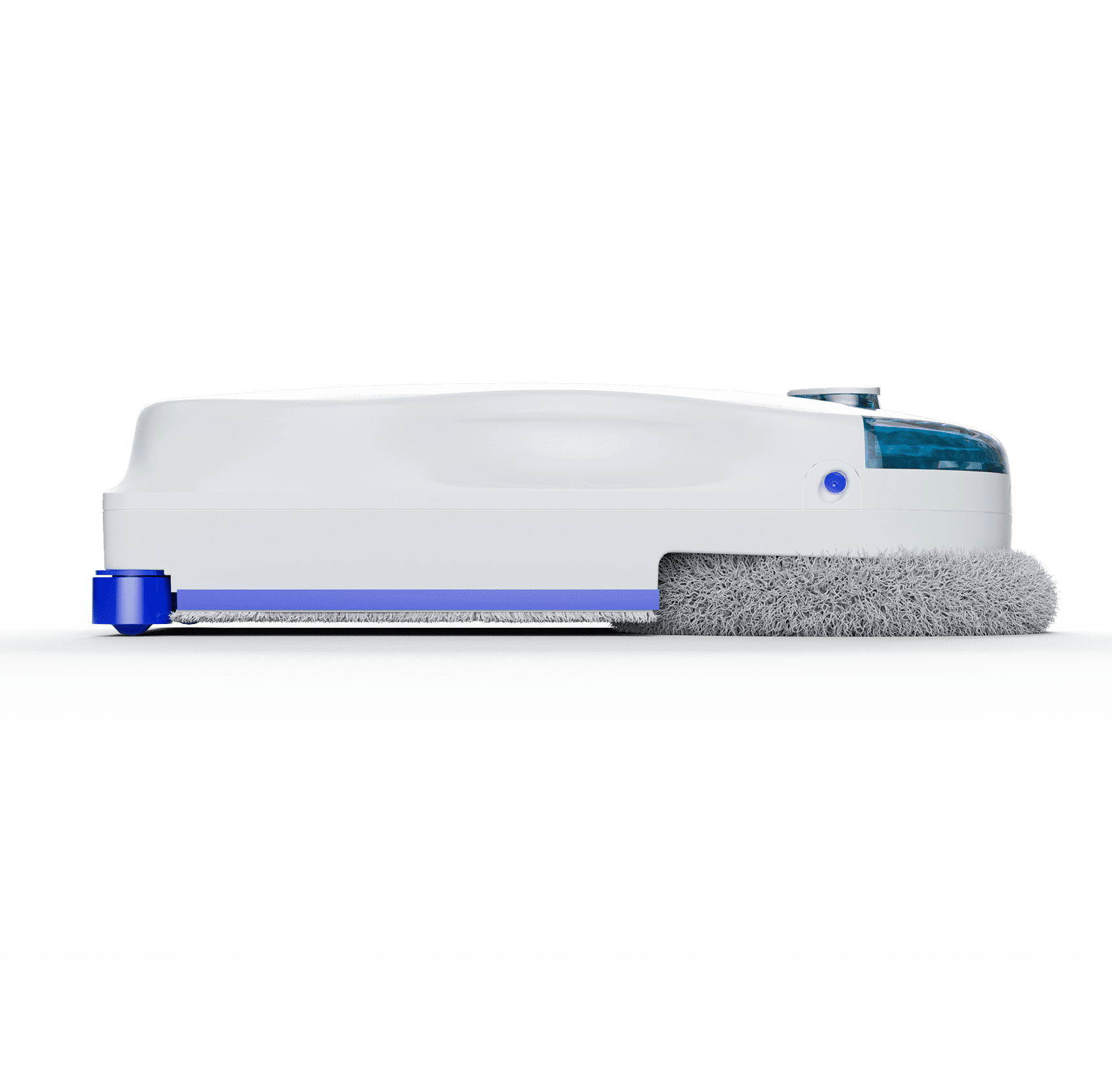 Un robot lavavetri bianco con accenti blu e un panno di pulizia grigio.