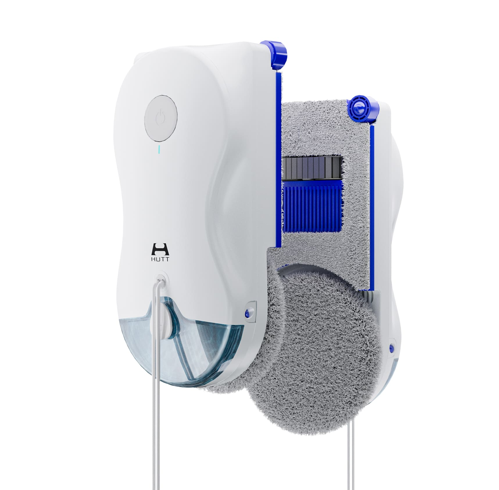 Un robot lavavetri bianco con accenti blu su sfondo bianco.