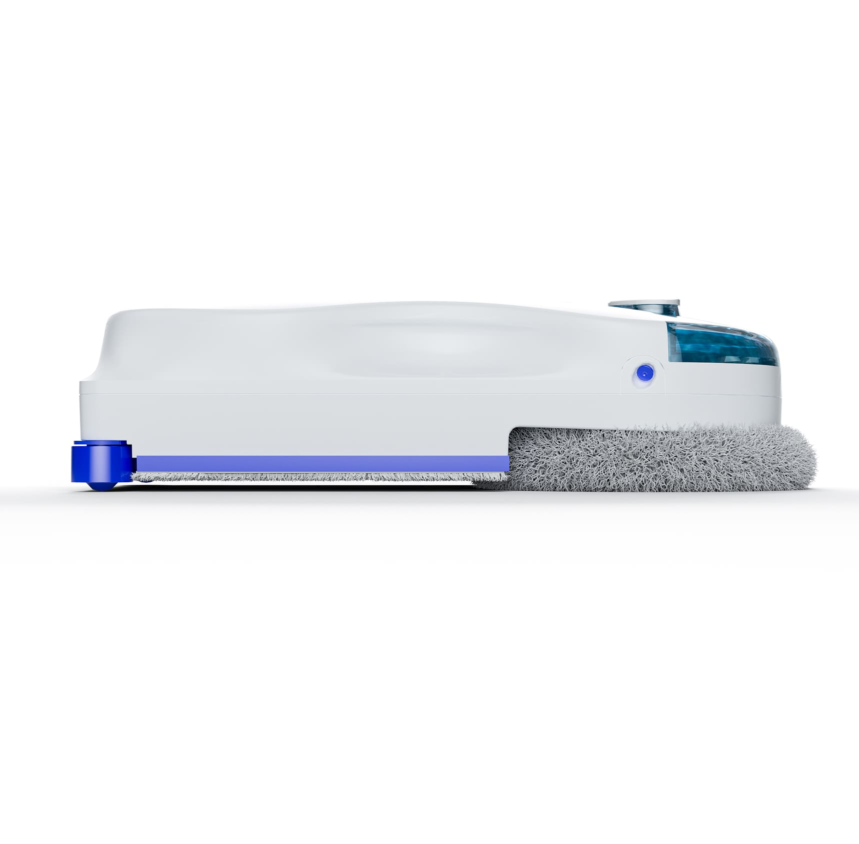Un pulitore robot per finestre bianco con serbatoio dell'acqua blu e spazzola grigia.
