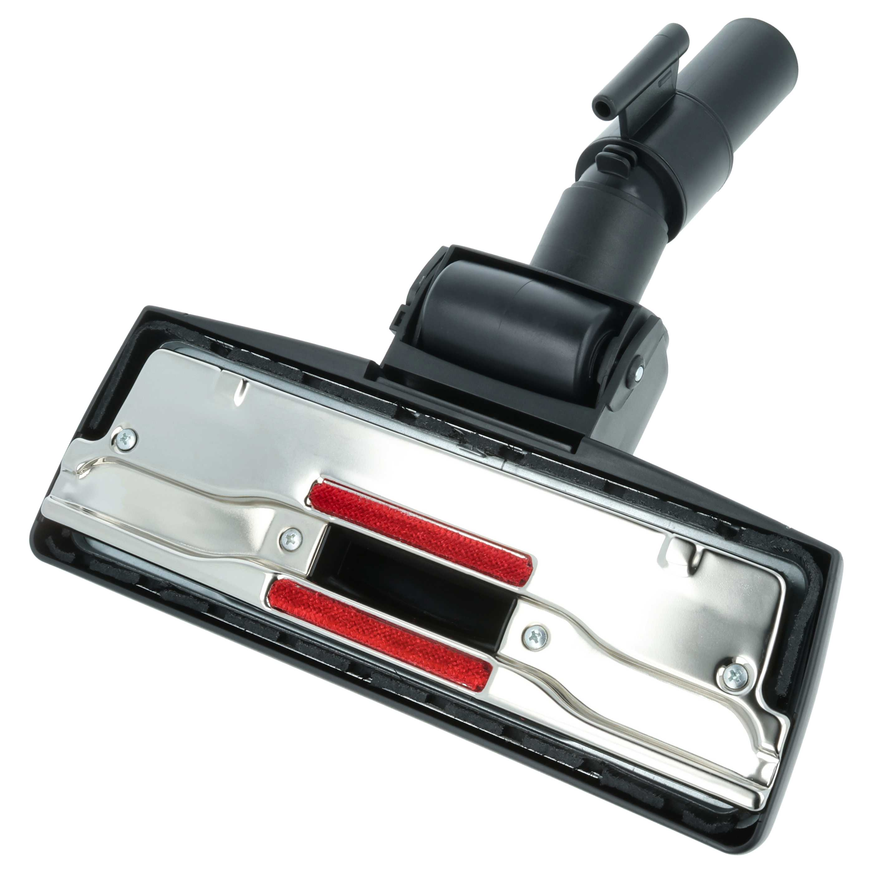 Schwarzer Staubsaugerkopf mit Metalloberfläche und roten Bürsten.
