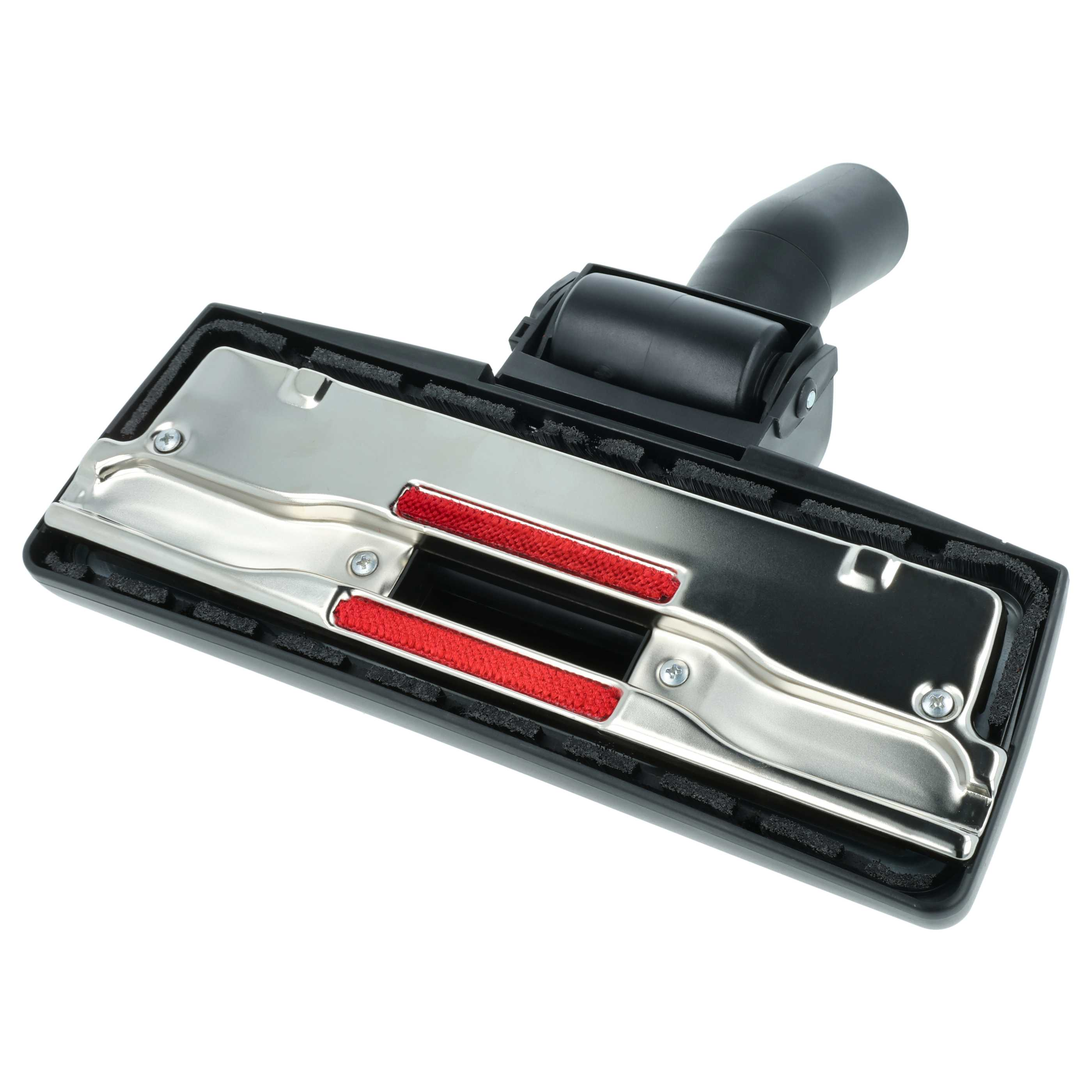 Schwarzer Staubsaugeraufsatz mit Metallfront und roten Bürsten.