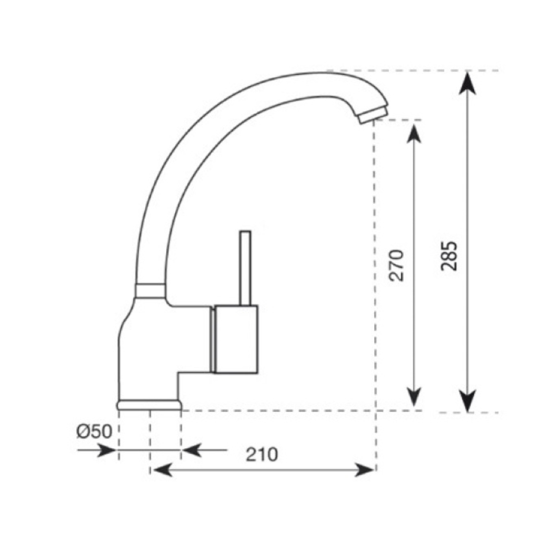 Disegno tecnico di un rubinetto con dimensioni: 50mm diametro, 210mm larghezza, 270mm e 285mm altezza.