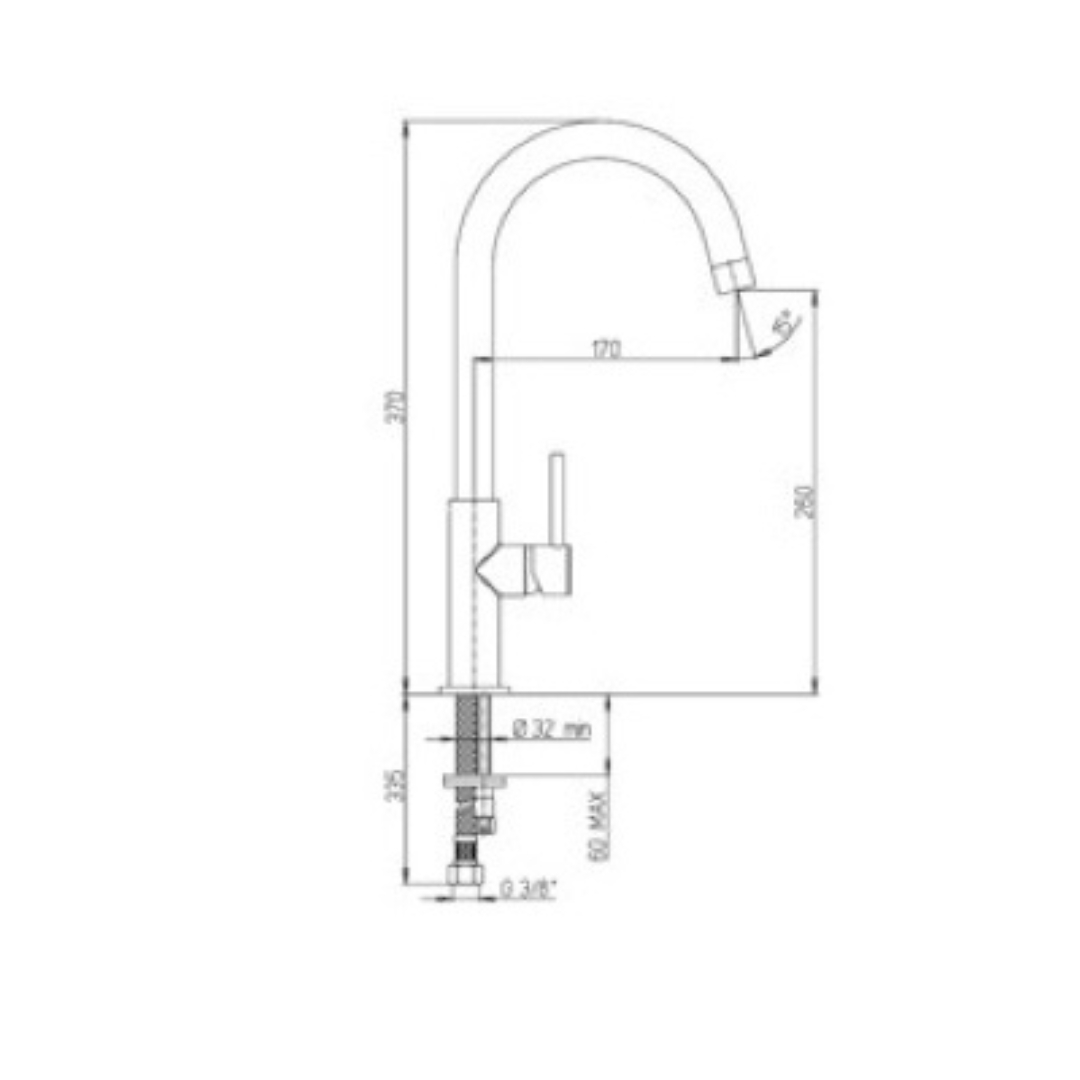 Disegno tecnico di un rubinetto con dimensioni. Arco alto, comando singolo.