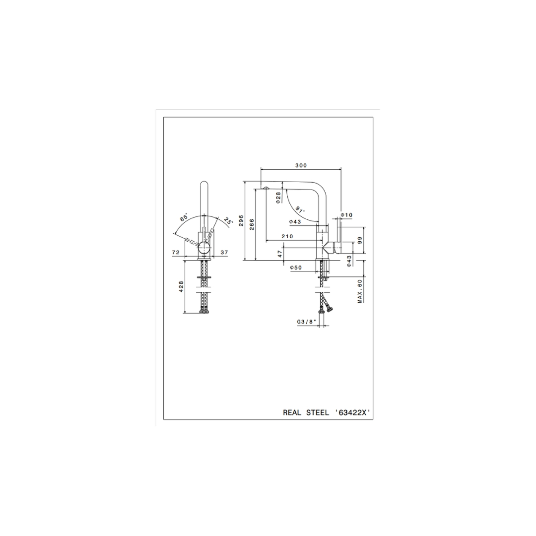 Disegno tecnico di un rubinetto con dimensioni ed etichette.