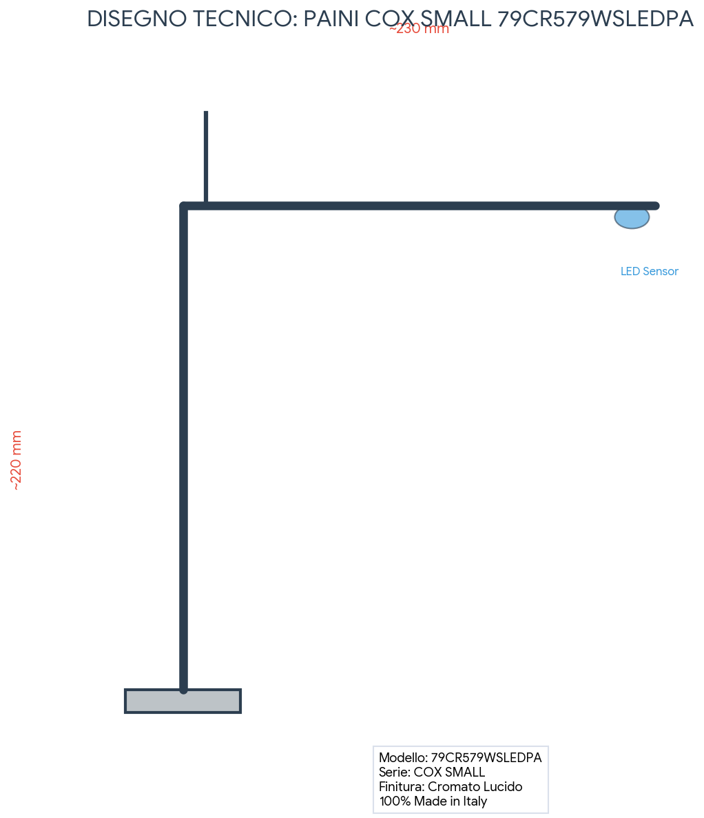 Disegno tecnico di una lampada con sensore LED e base.