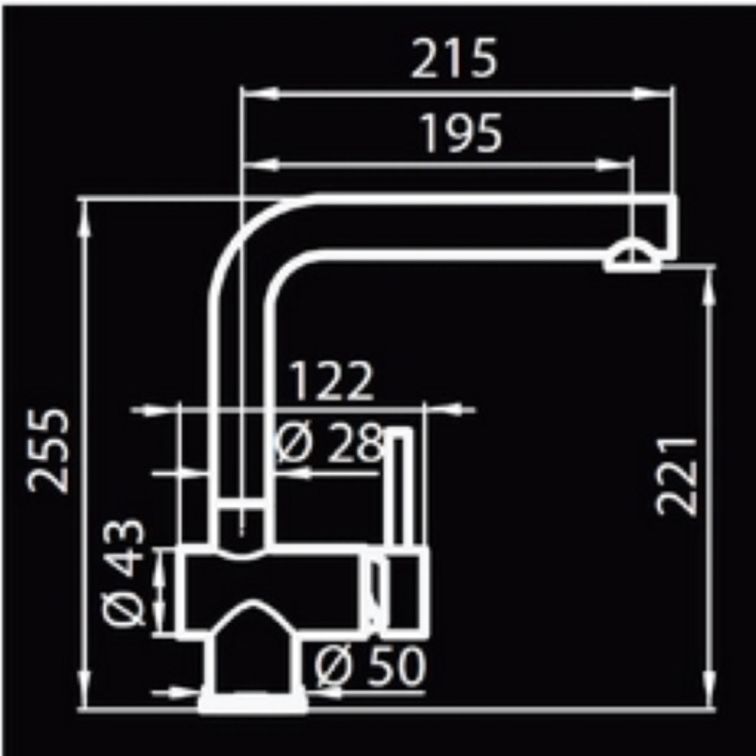 Disegno tecnico di un rubinetto con dimensioni. Altezza totale 255mm.