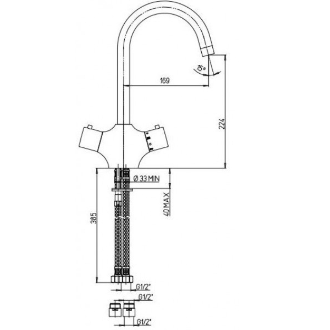 Disegno tecnico di un rubinetto con dimensioni in mm.