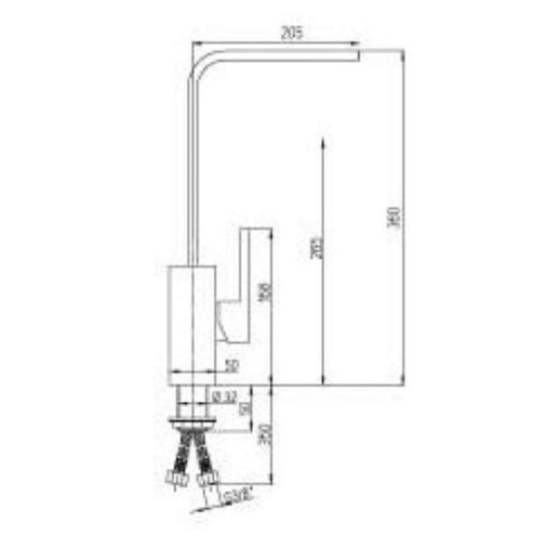 Disegno tecnico di un rubinetto con dimensioni.