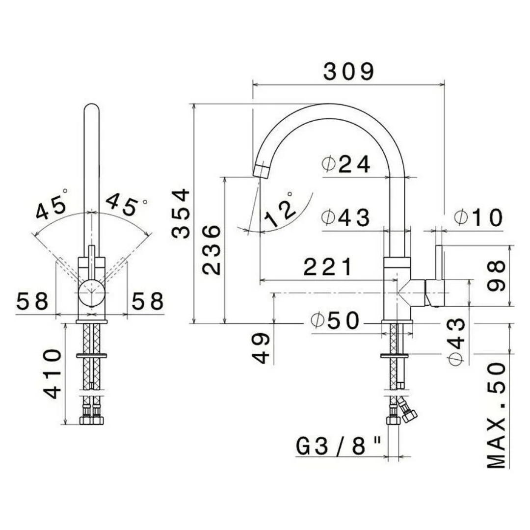 Disegno tecnico di un rubinetto con dimensioni in mm. Mostra altezza, larghezza e angoli.