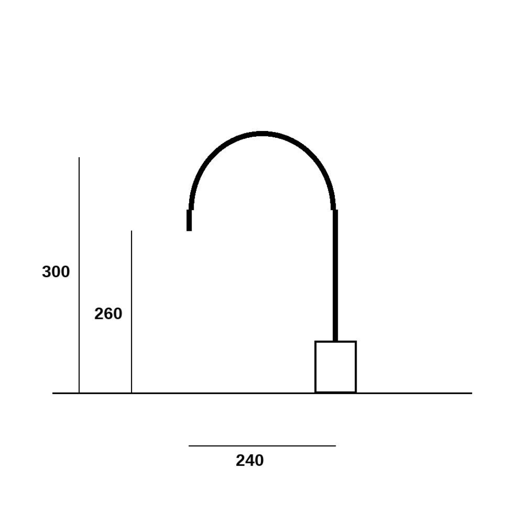 Uno schizzo in bianco e nero di una lampada curva con dimensioni.