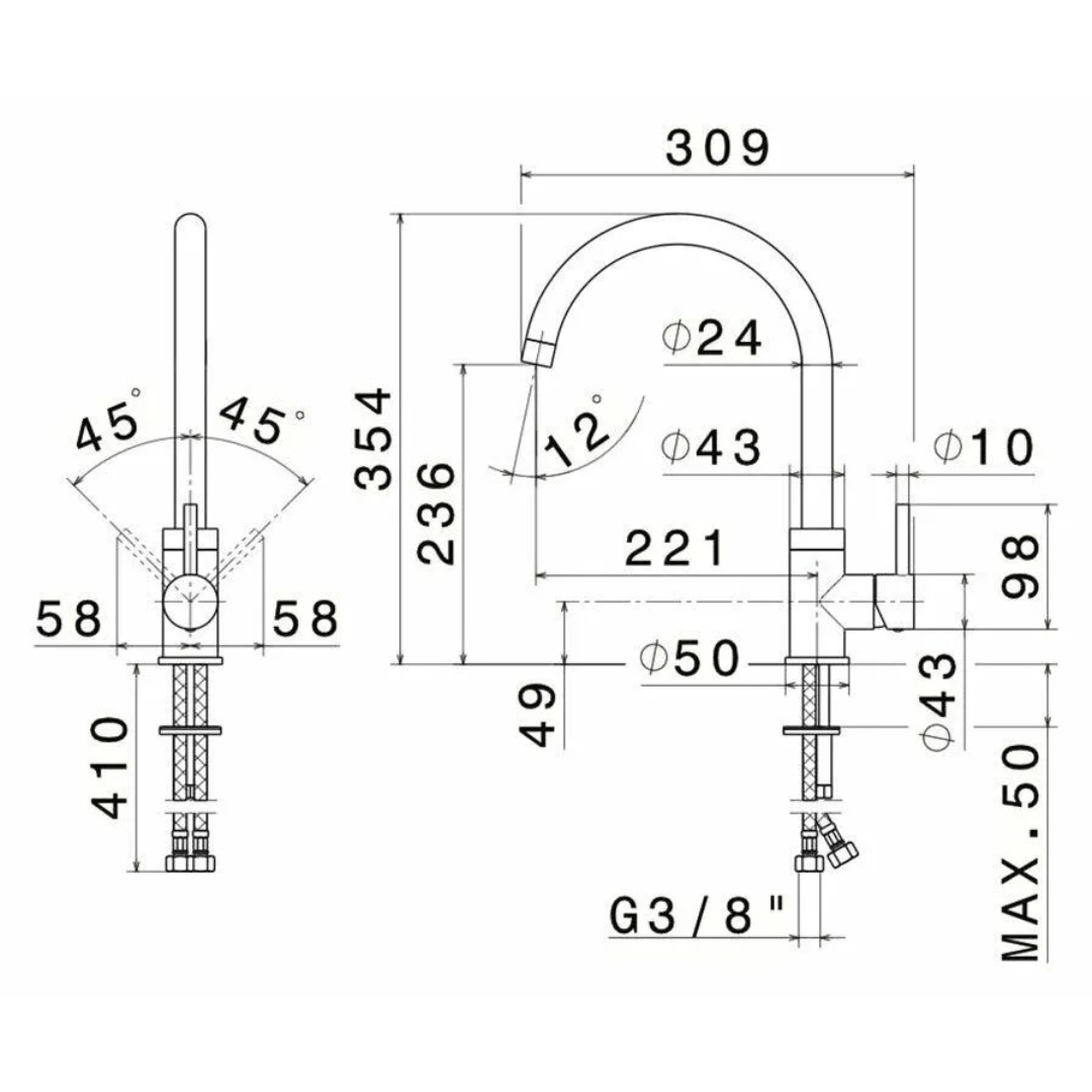 Disegno tecnico di un rubinetto con dimensioni e angoli.