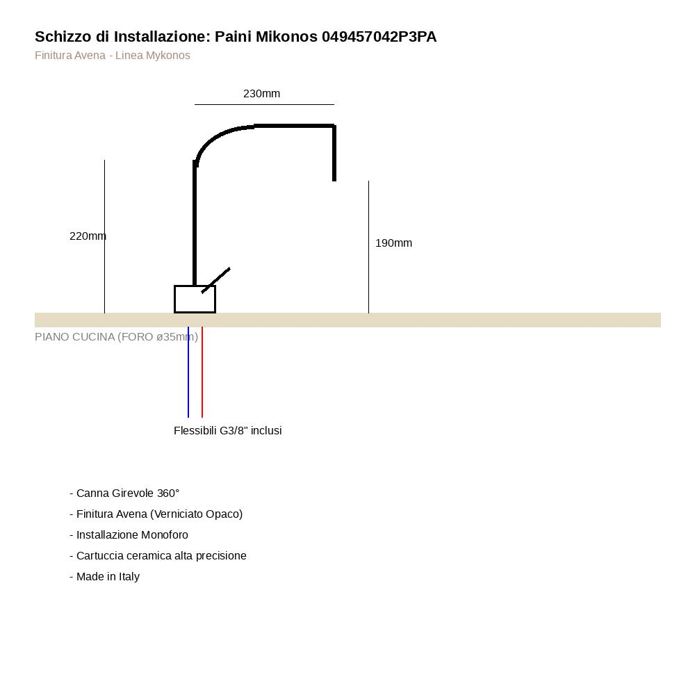 Schizzo installazione rubinetto con misure 220mm, 230mm, 190mm.