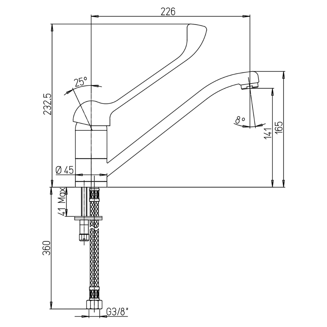 Disegno tecnico di un rubinetto con dimensioni e angoli.