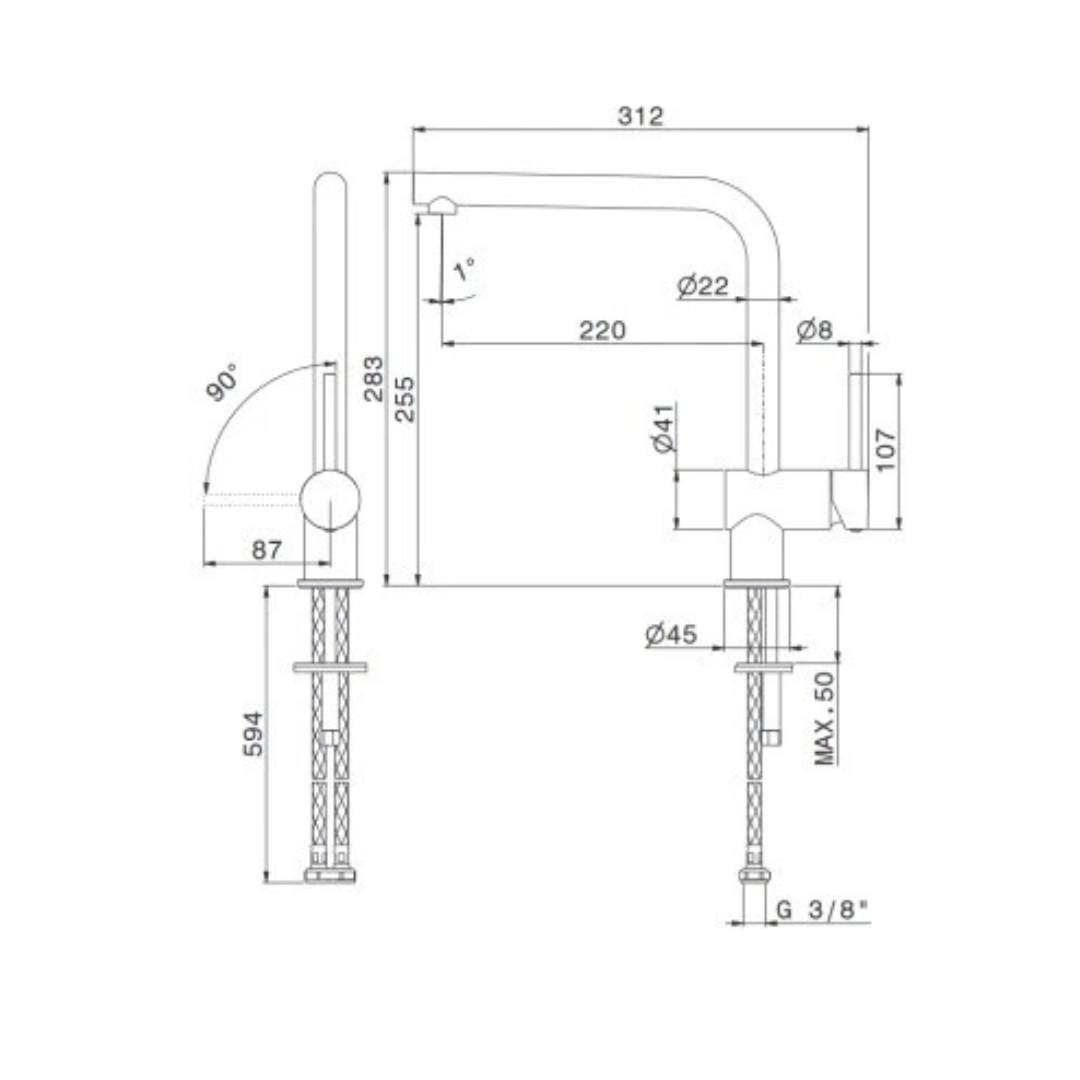 Disegno tecnico di un rubinetto con dimensioni.