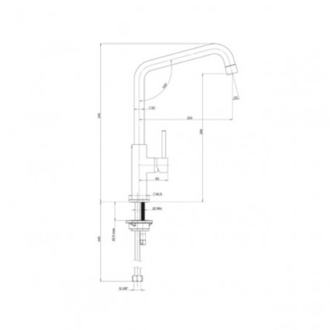 Disegno tecnico di un rubinetto da cucina con dimensioni.