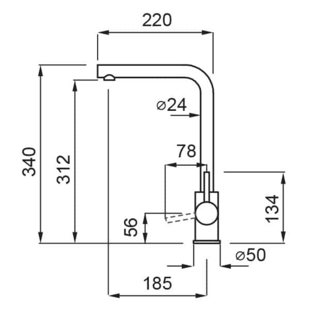 Disegno tecnico di un rubinetto con dimensioni.