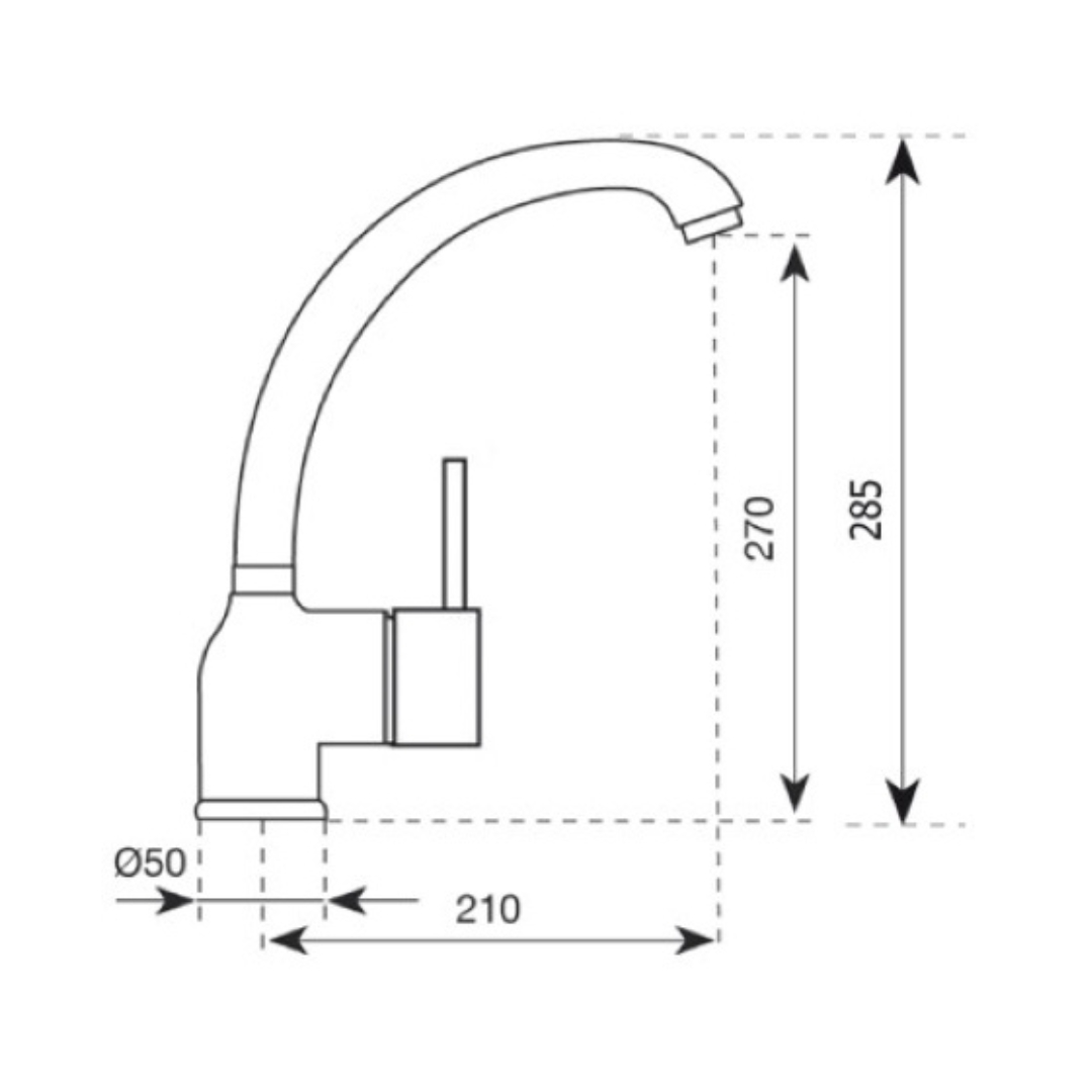 Disegno tecnico di un rubinetto con dimensioni: Ø50, 210, 270, 285.