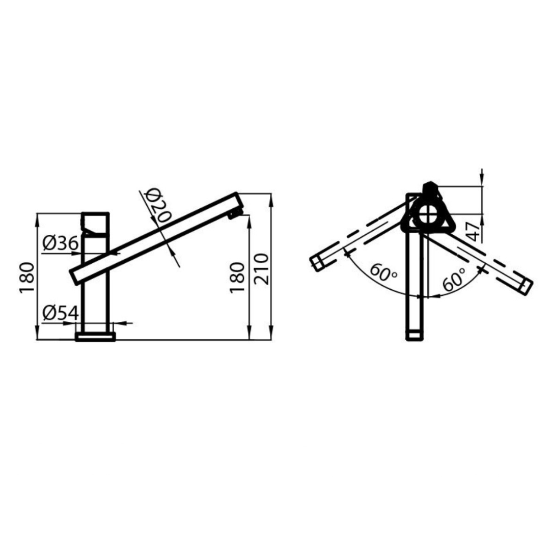 Disegno tecnico di un rubinetto con dimensioni e angoli.