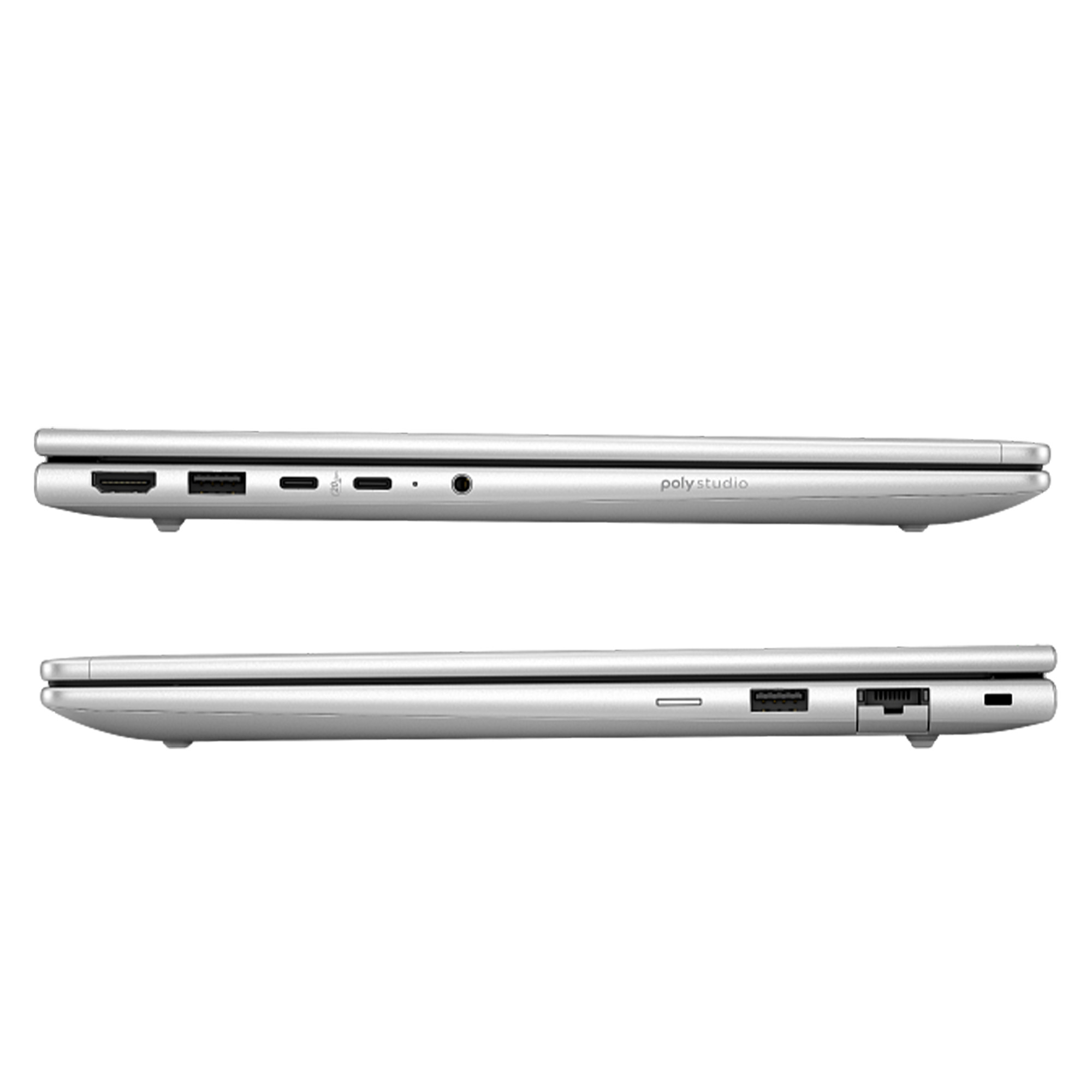 Gümüş rengi dizüstü bilgisayarın iki görünümü. Üstte: HDMI, USB-C, kulaklık jakı. Altta: USB-A, Ethernet.