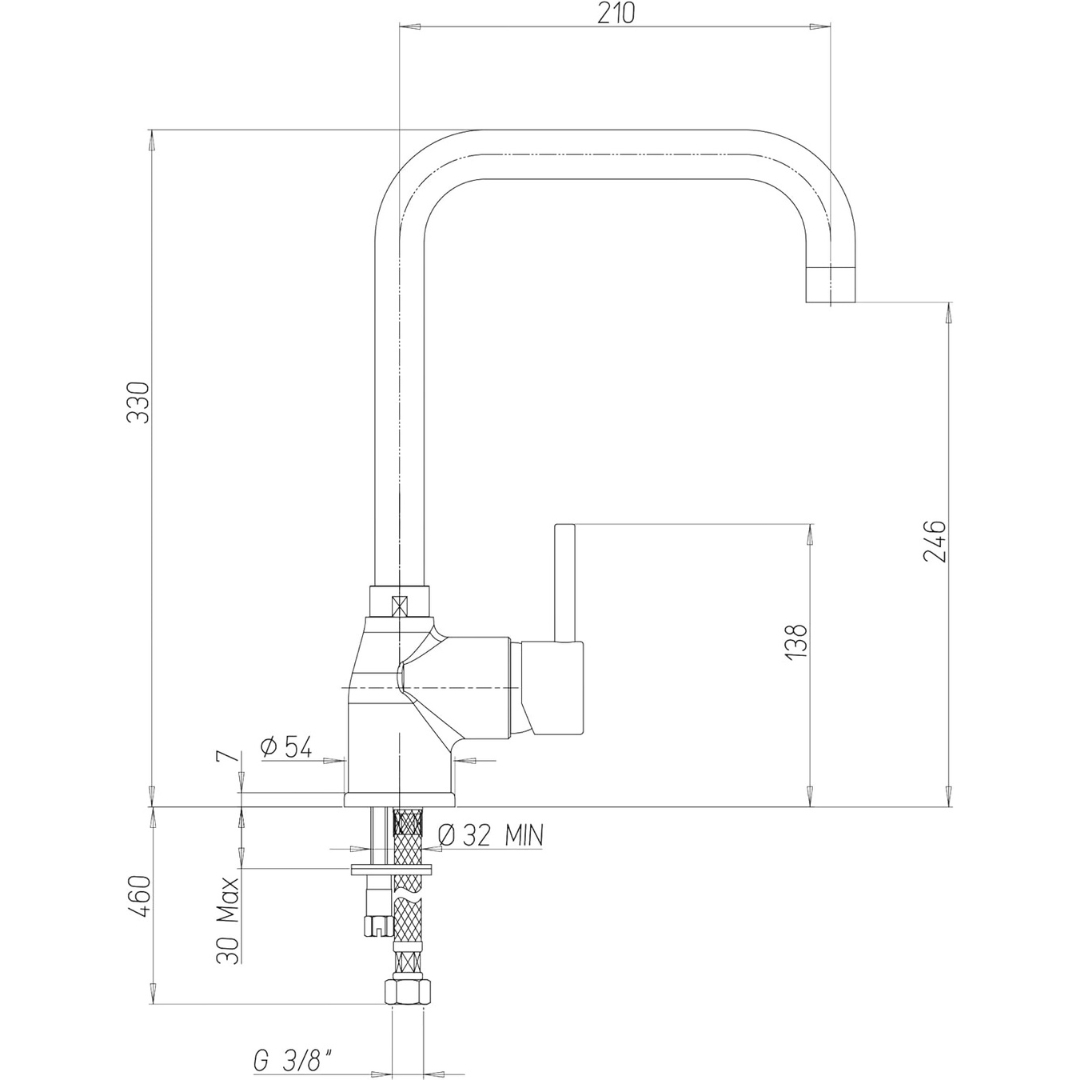 Disegno tecnico di un rubinetto con dimensioni. Mostra altezza, larghezza e diametro.