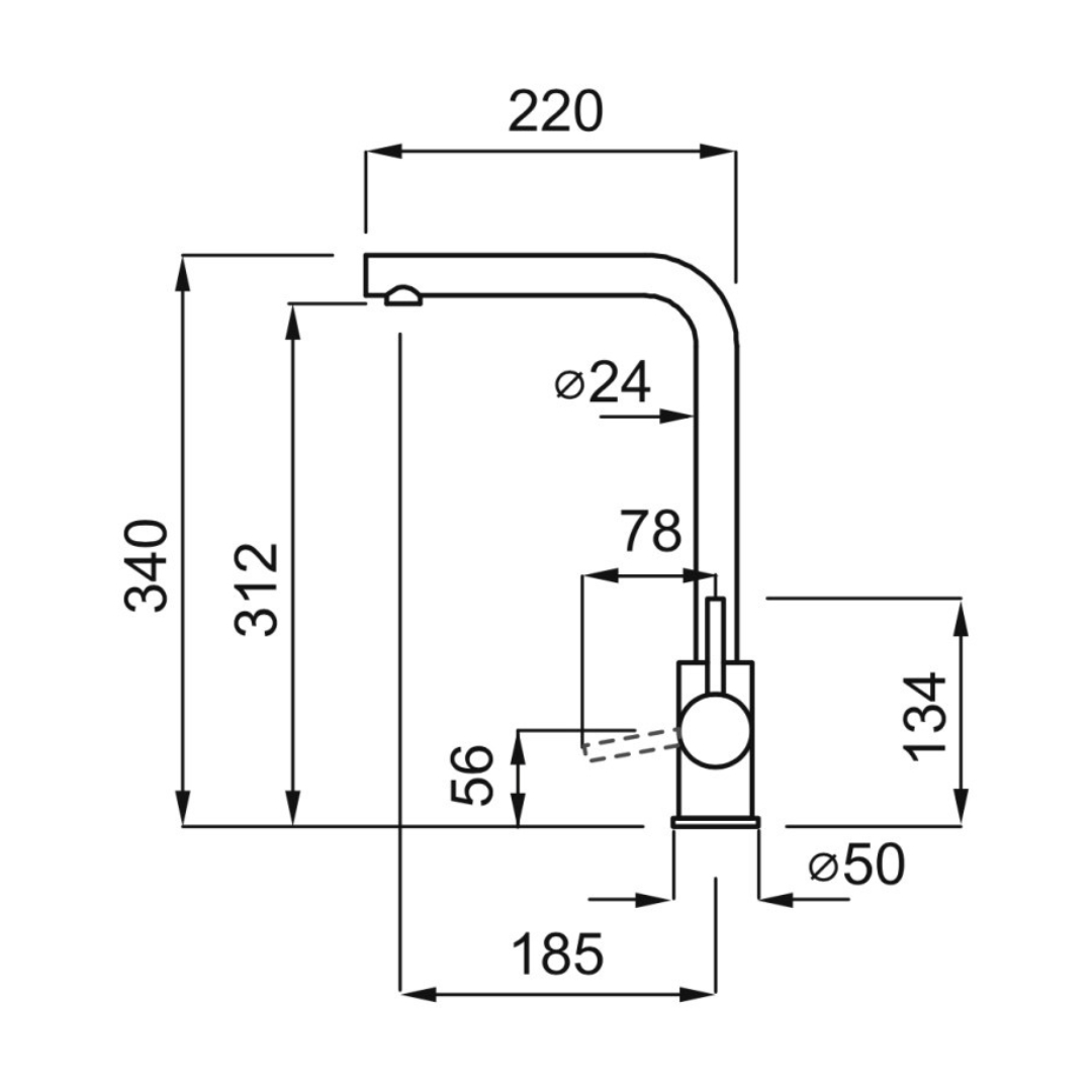 Disegno tecnico di un rubinetto con dimensioni. Altezza totale 340mm, sporgenza 220mm.