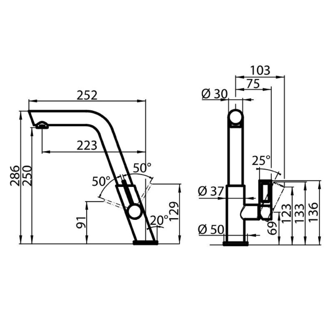 Disegno tecnico di un rubinetto con dimensioni e angoli.
