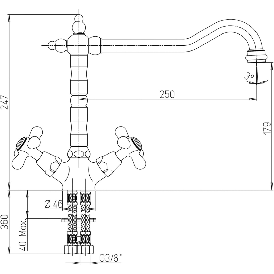 Disegno tecnico di un rubinetto con dimensioni. Due maniglie, beccuccio, base.
