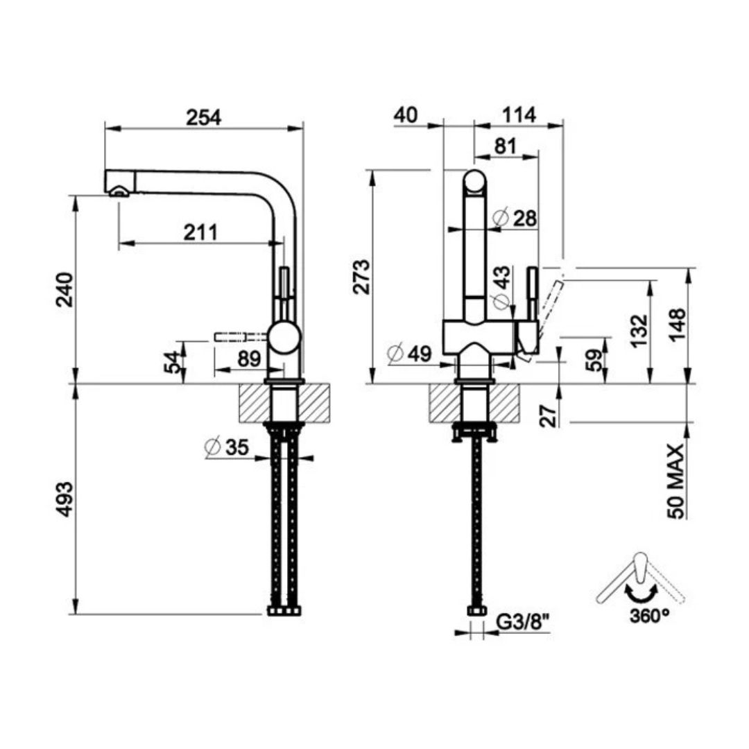 Disegno tecnico di un rubinetto con dimensioni e angoli.