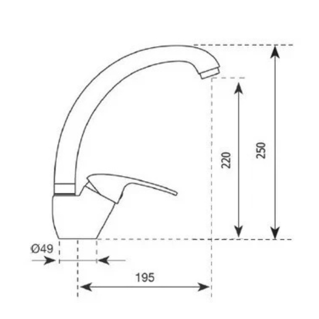 Disegno tecnico di un rubinetto con dimensioni: diametro 49mm, larghezza 195mm, altezza 250mm.