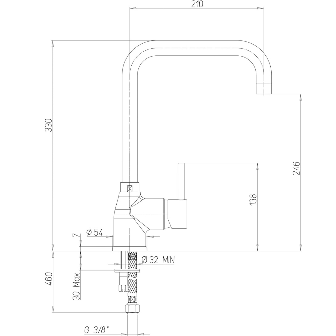 Disegno tecnico di un rubinetto con dimensioni in mm.