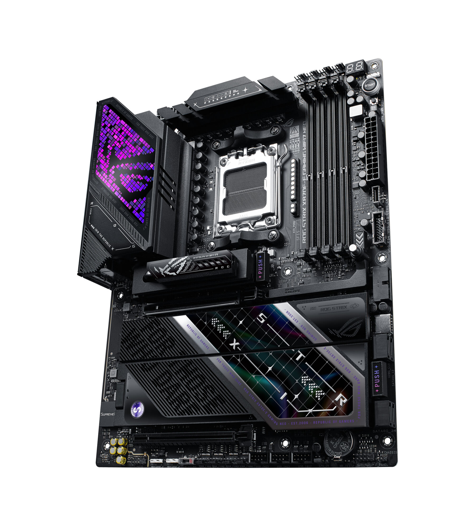 Een zwart moederbord met RGB-verlichting en tal van connectoren.