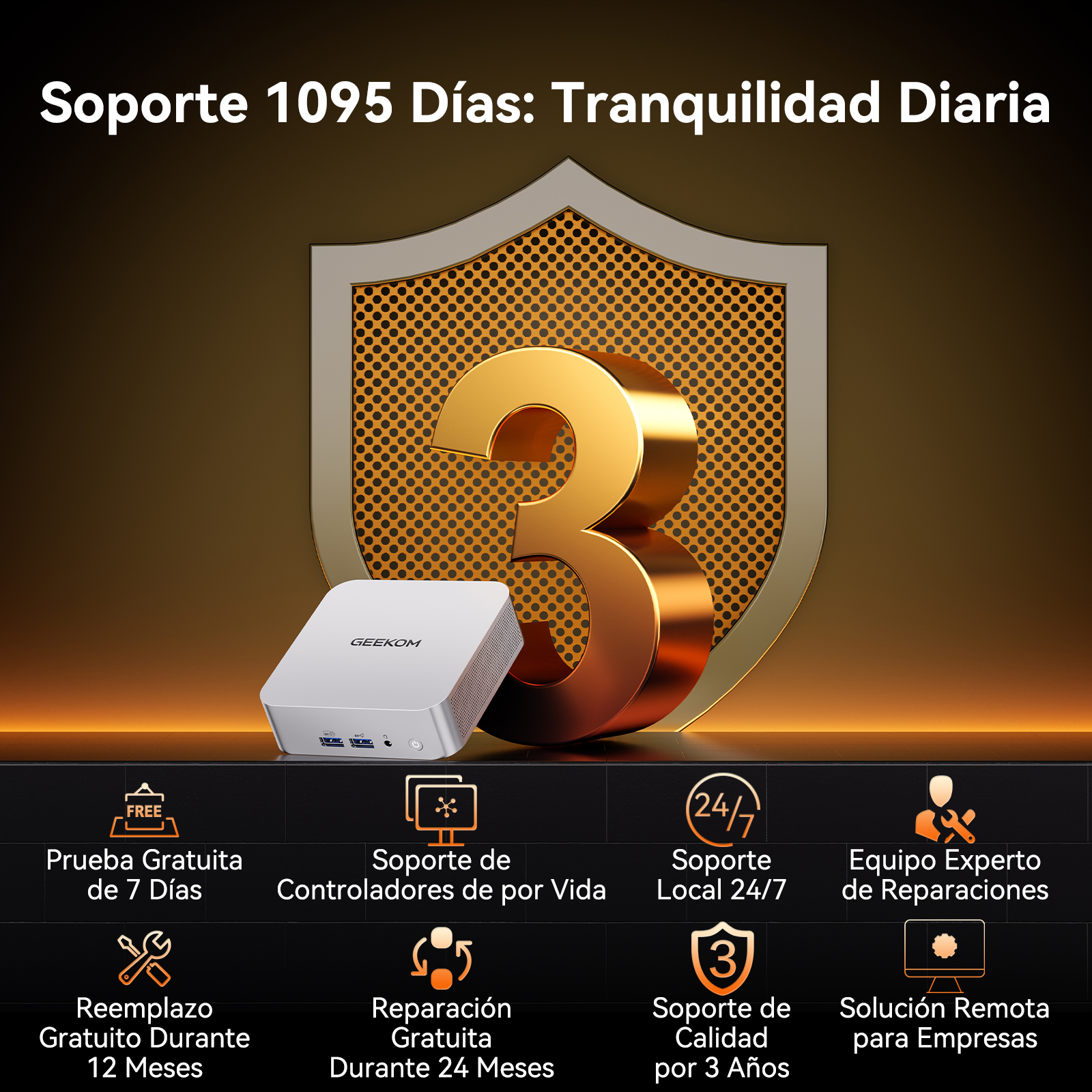Un mini PC plateado frente a un gran 3 dorado sobre un escudo. Abajo hay ofertas de servicio.