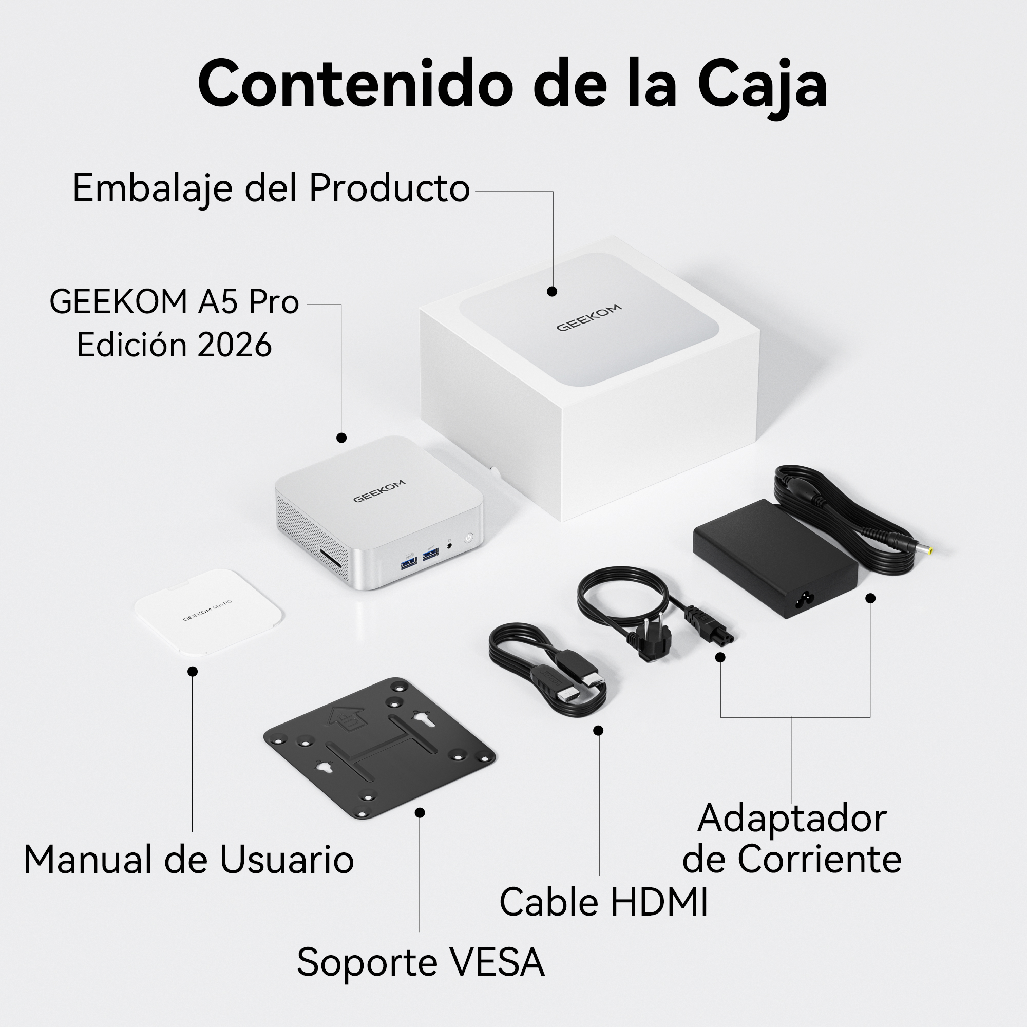 Contenido de la caja: Mini PC GEEKOM, adaptador de corriente, cable HDMI, soporte VESA.