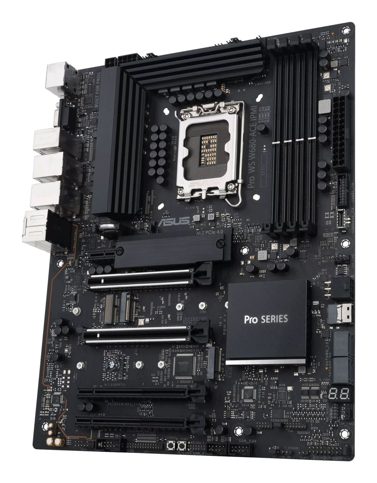 Scheda madre nera con socket CPU, slot RAM, slot M.2 e connettori.