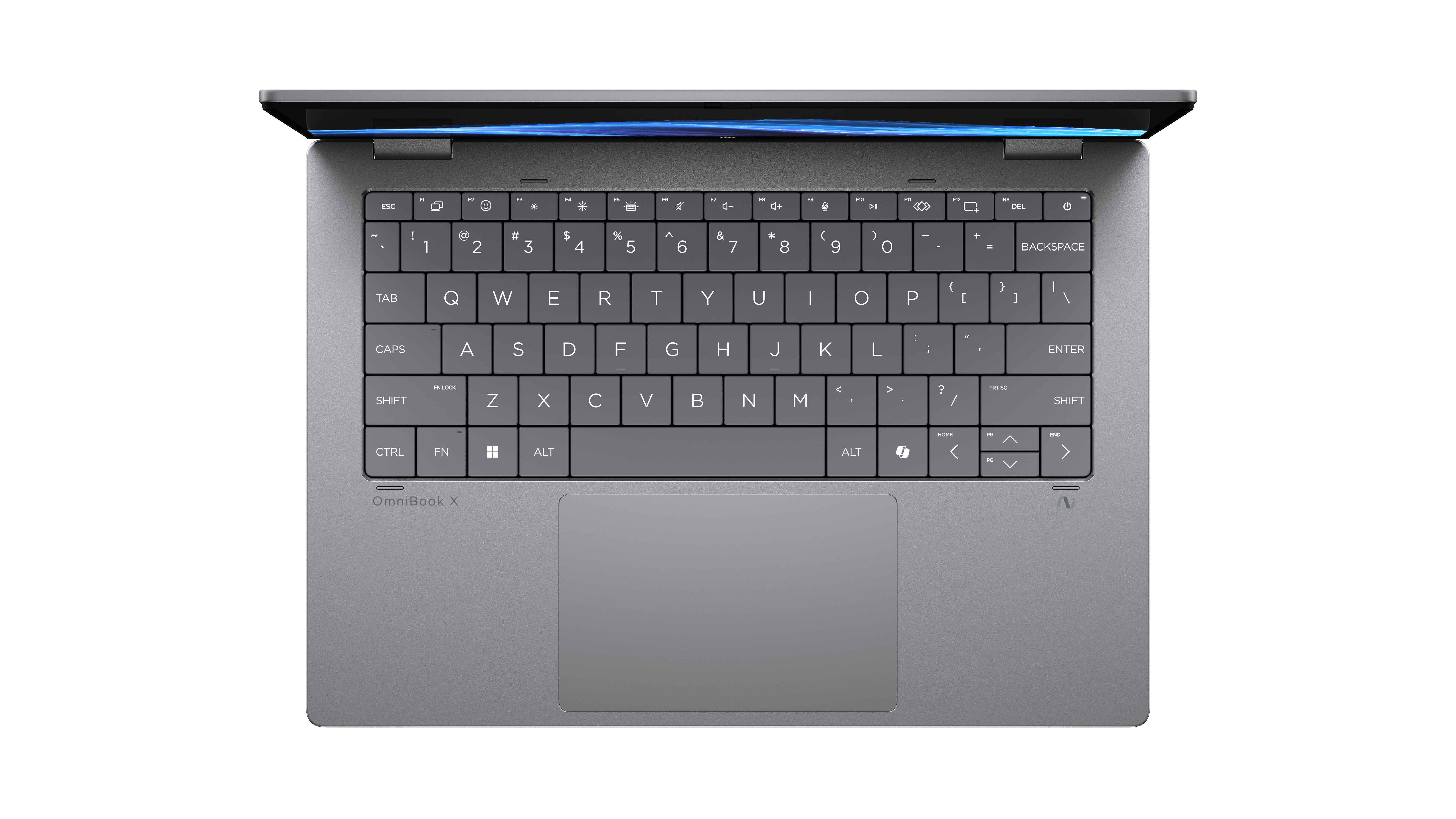 Ordinateur portable gris, couvercle ouvert, clavier et touchpad visibles.