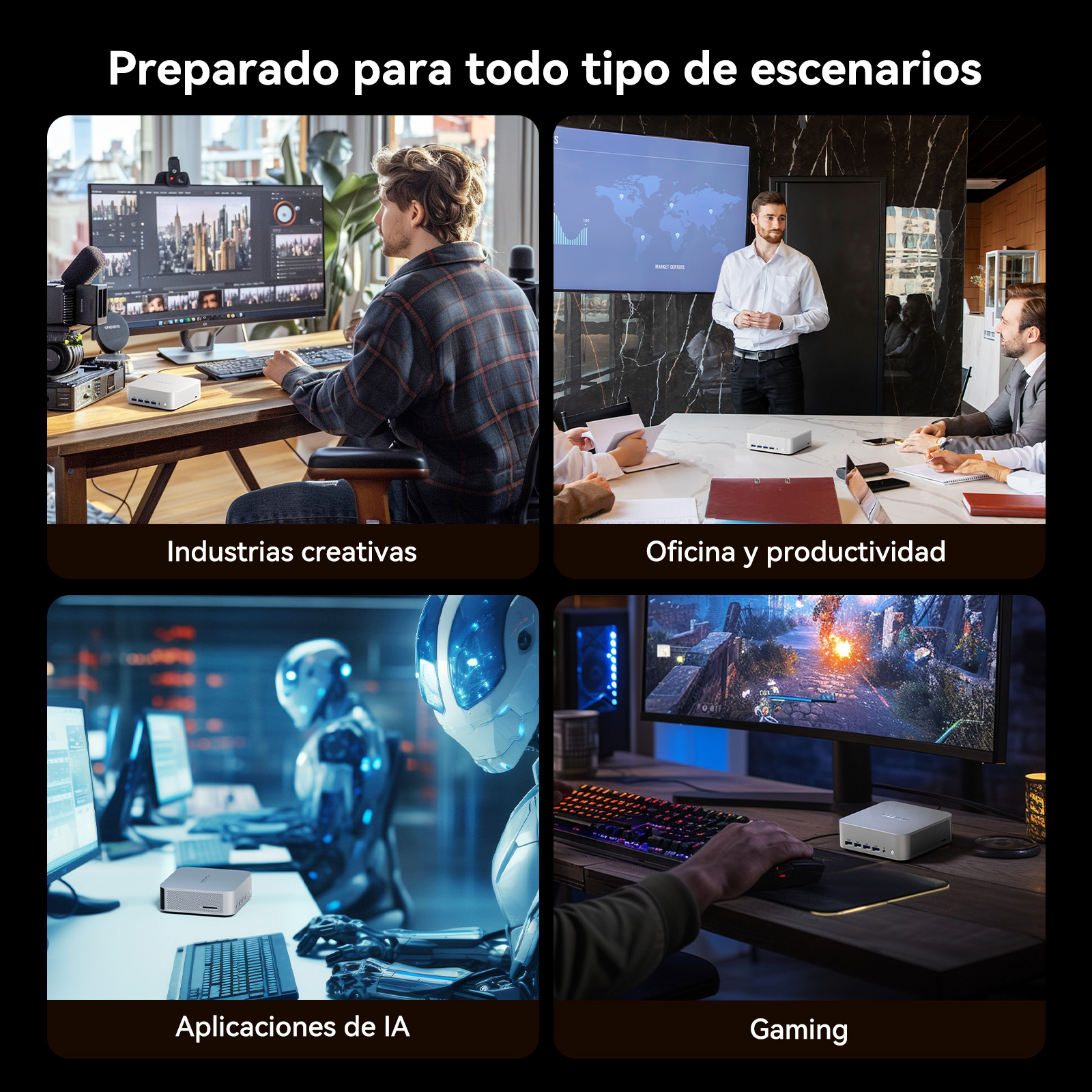 Cuatro escenas: Creativo, Oficina, IA y Gaming. Un hombre edita videos, un presentador.