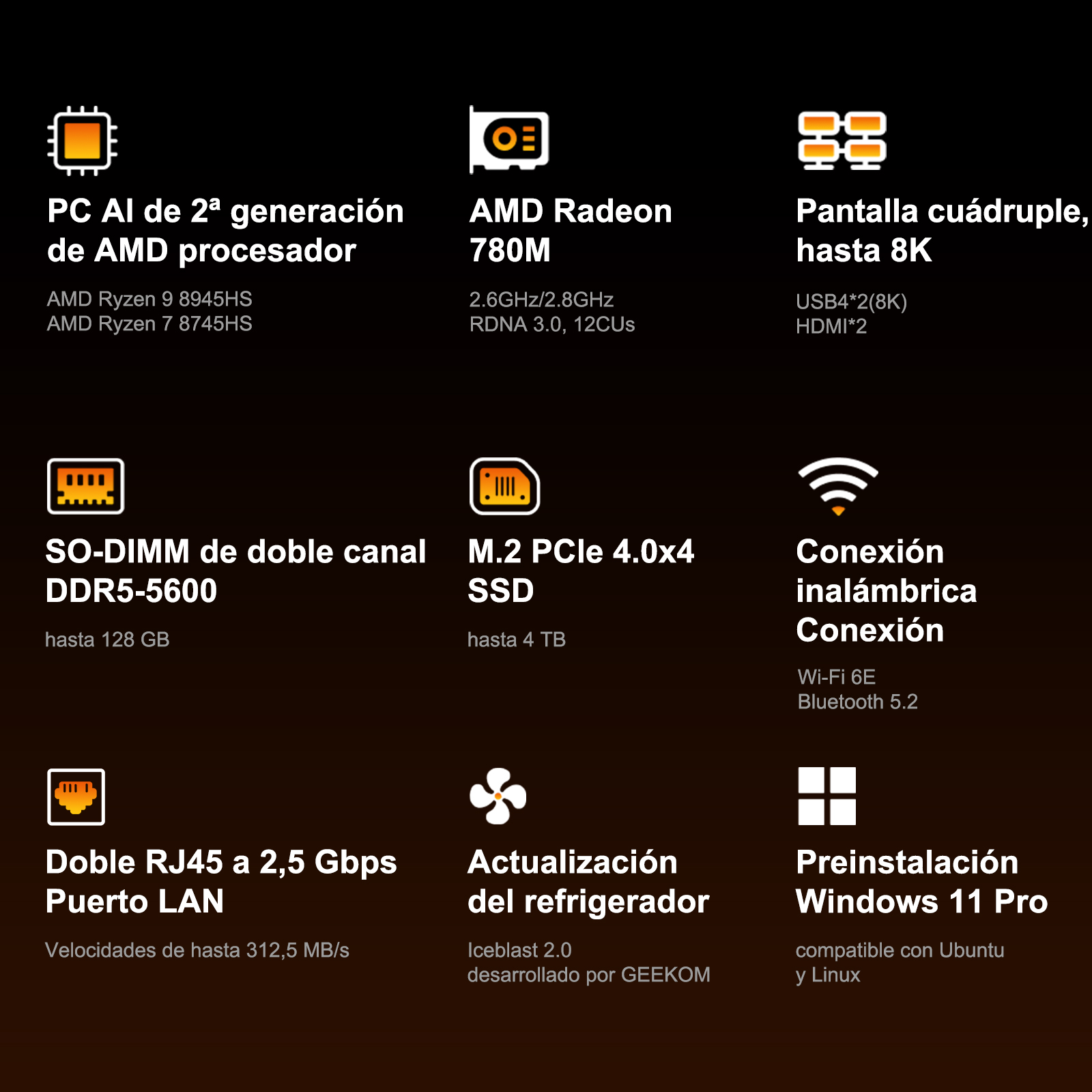 PC con procesador AMD, Radeon 780M, pantalla 8K, RAM DDR5, SSD, LAN, Wi-Fi/BT.