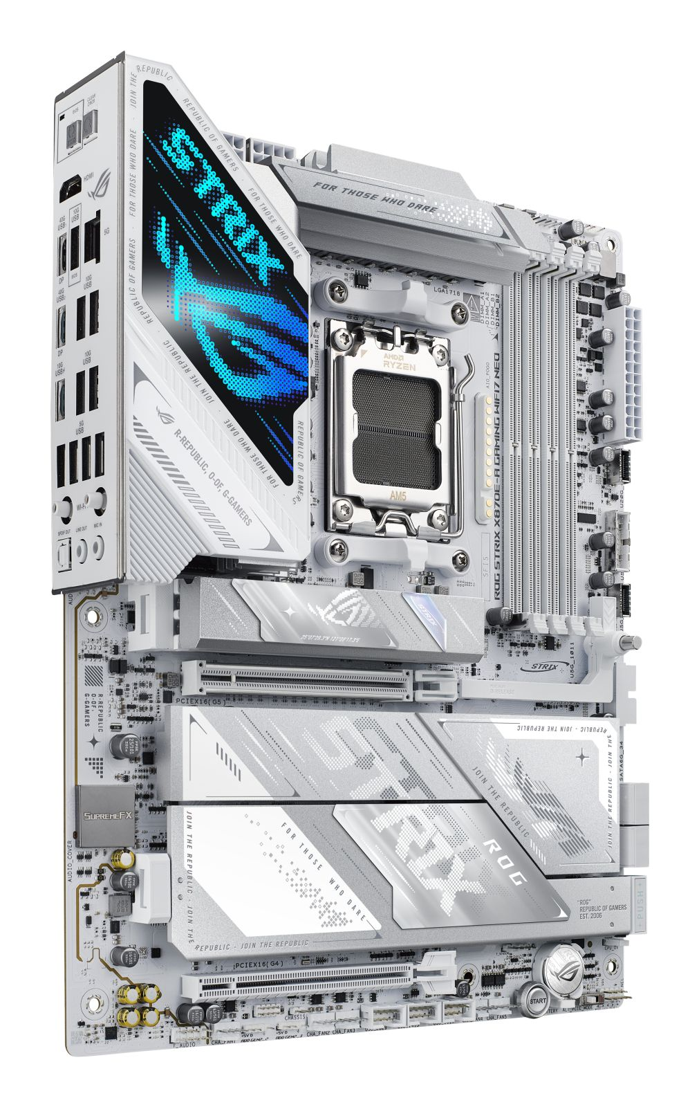 Une carte mère d'ordinateur blanche avec des accents bleus et argentés, dotée d'un socket CPU AMD Ryzen.