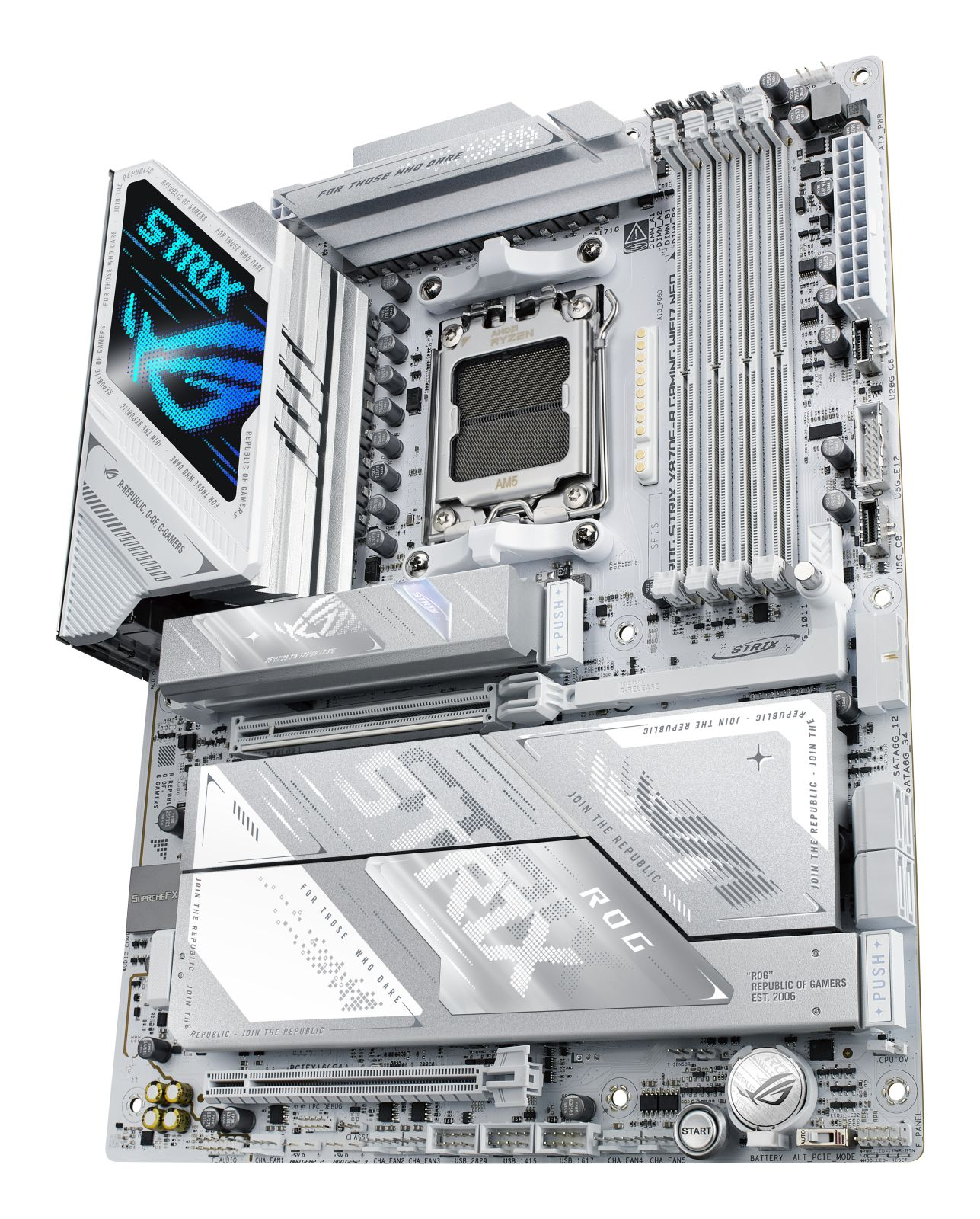 Une carte mère blanche avec socket CPU, slots RAM et dissipateurs thermiques.