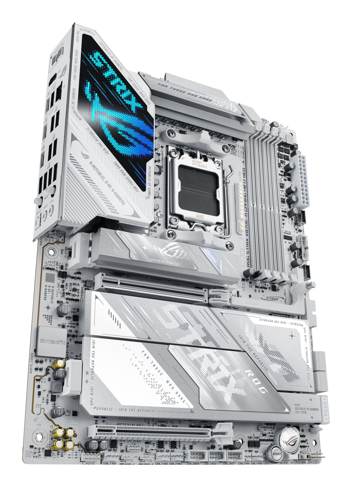 Carte mère gaming blanche ASUS ROG Strix avec accents RVB bleus et logo ROG.