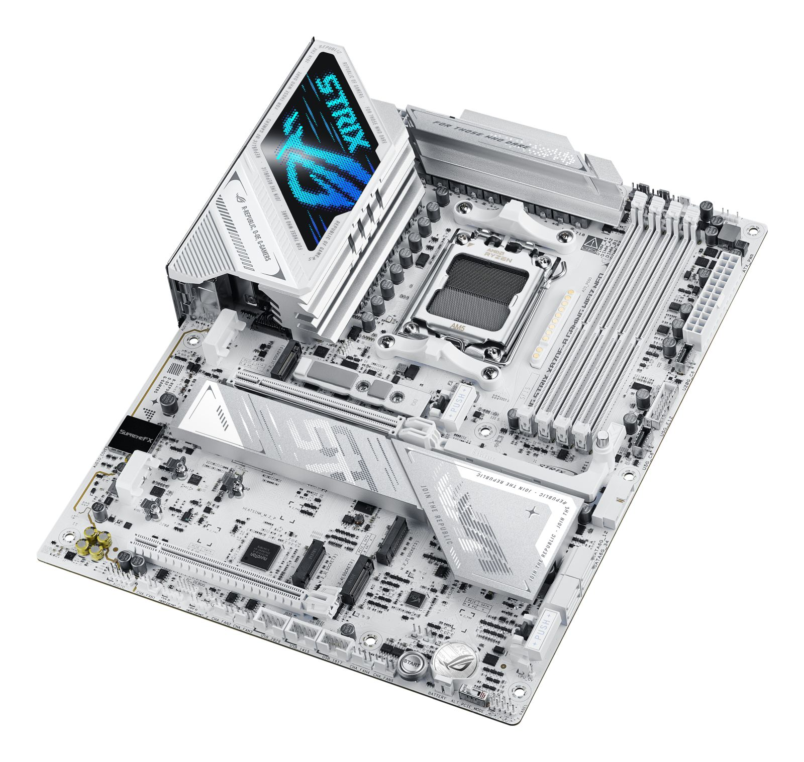 Une carte mère blanche ASUS ROG STRIX avec éclairage RVB et un socket CPU AMD Ryzen.