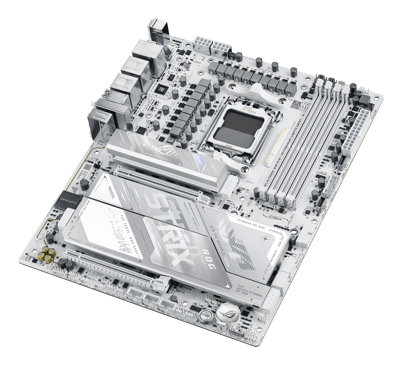 Une carte mère blanche avec des accents argentés, un socket CPU, des emplacements RAM et des connecteurs.