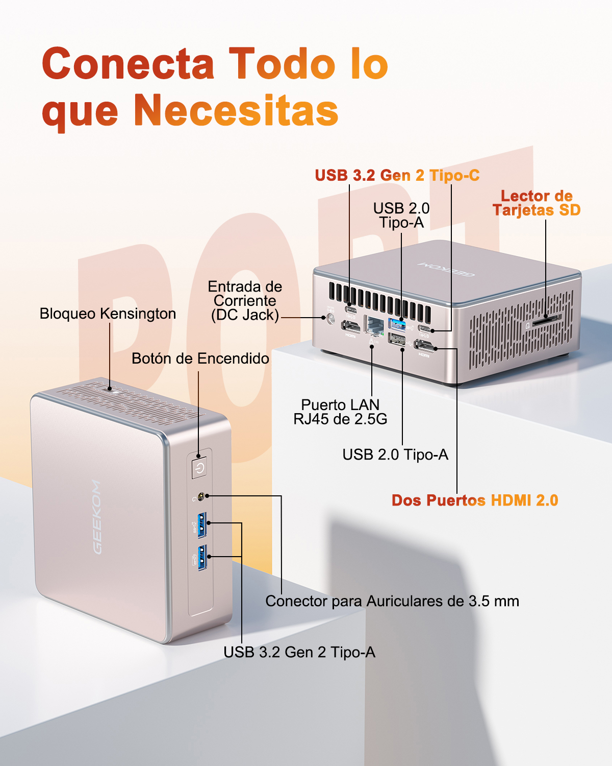 PC plateado compacto con etiquetas para puertos: USB-C, USB-A, lector de tarjetas SD, LAN, HDMI, Audio.