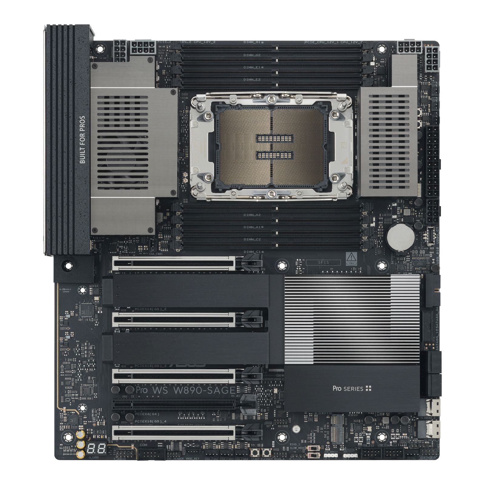 Scheda madre nera con socket CPU, slot RAM e numerosi connettori.