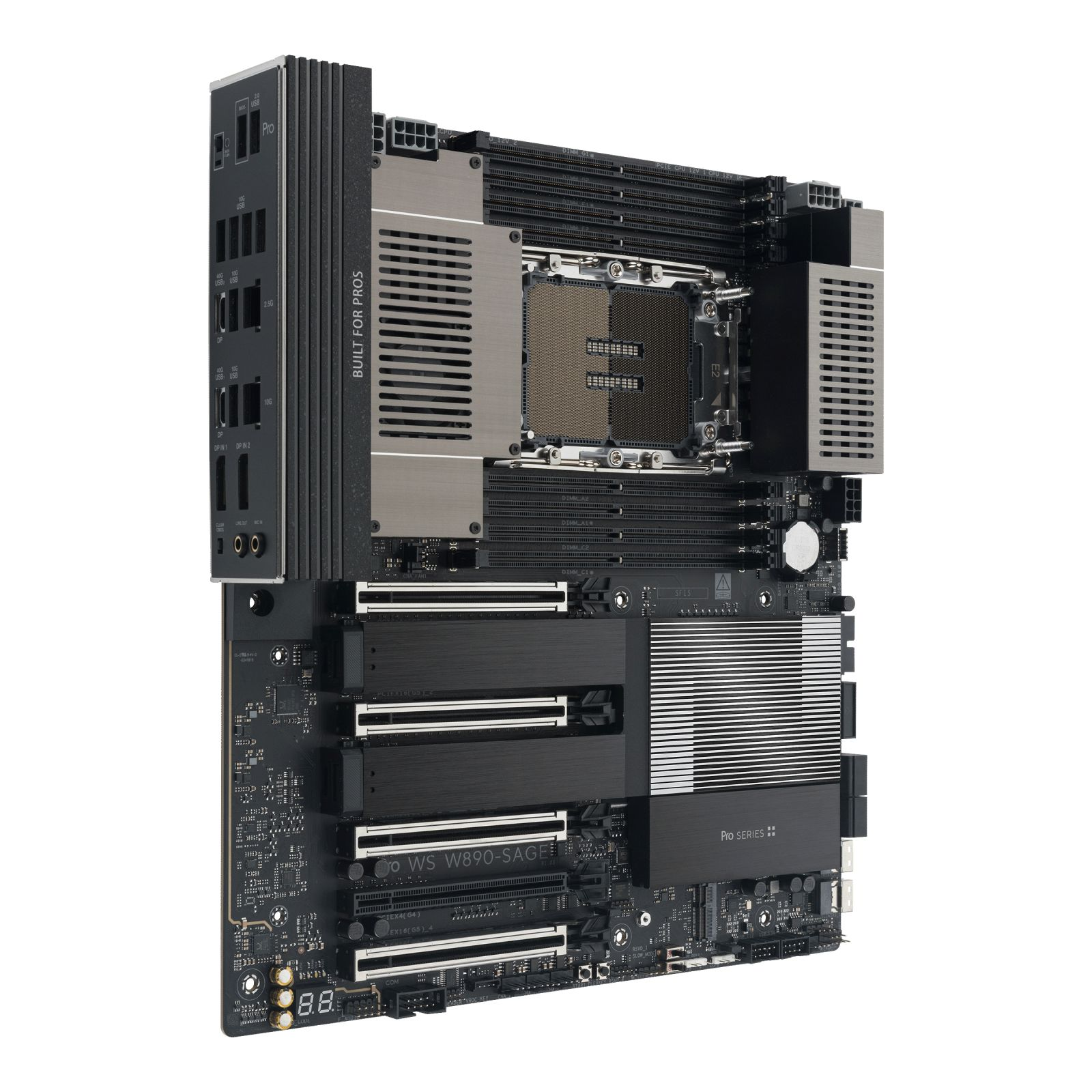 Una scheda madre nera con socket CPU, slot RAM e porte.