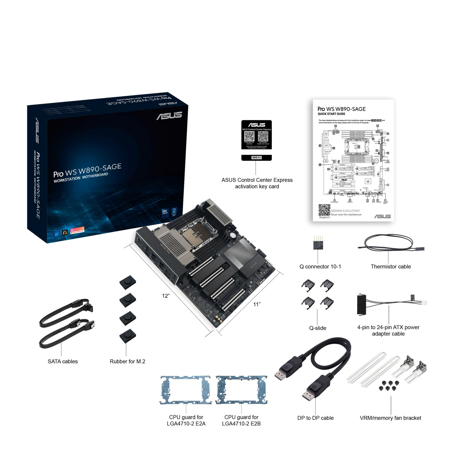 Kit scheda madre ASUS Pro WS W890-SAGE con accessori e manuale.