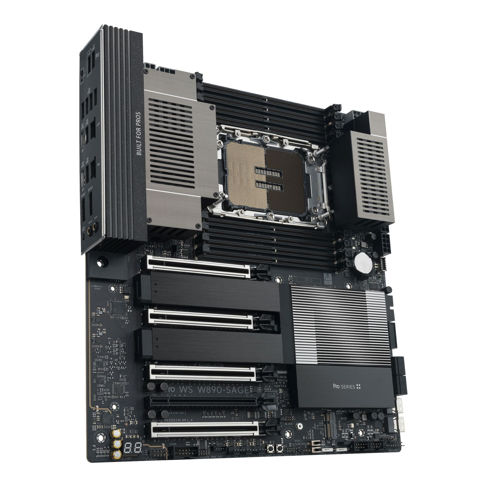 Una scheda madre nera con dissipatori argentati e un grande socket CPU. Testo 'Built for Pros'.