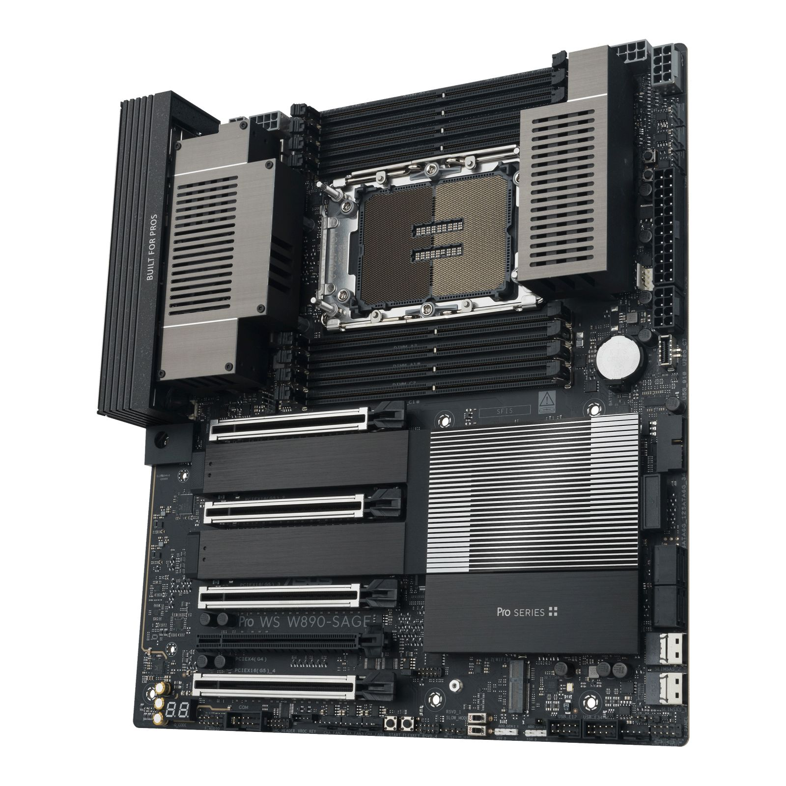 Una scheda madre nera con dissipatori argentati e socket CPU.