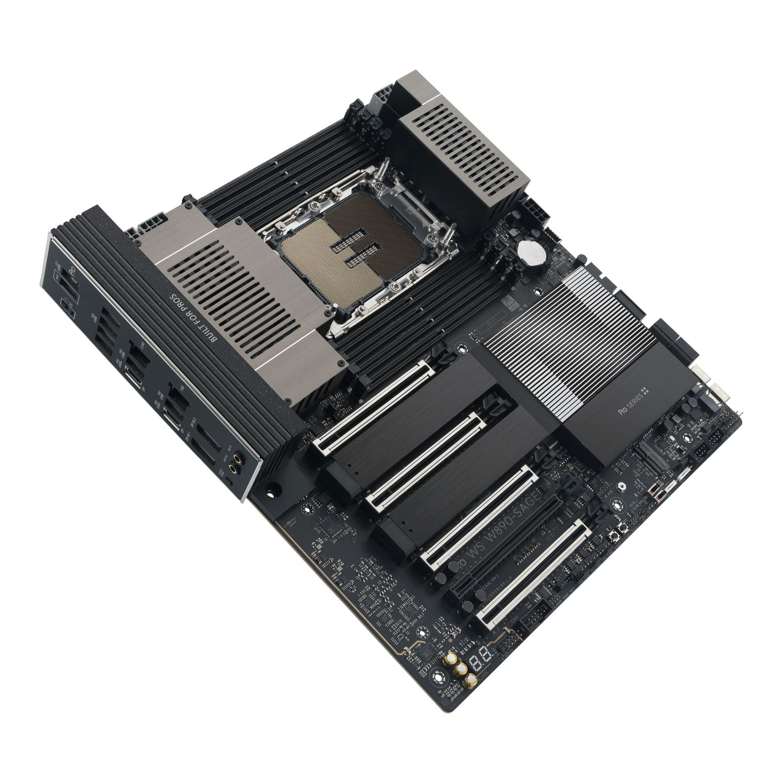 Una scheda madre nera con dissipatori argentati e socket. Etichettata 'BUILT FOR PROS'.